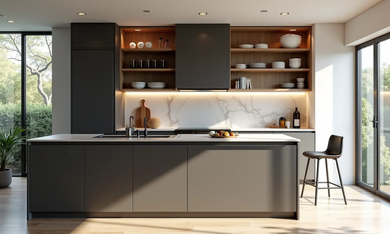 Ilha multifuncional em cozinha pequena, com prateleiras e balcão para refeições.