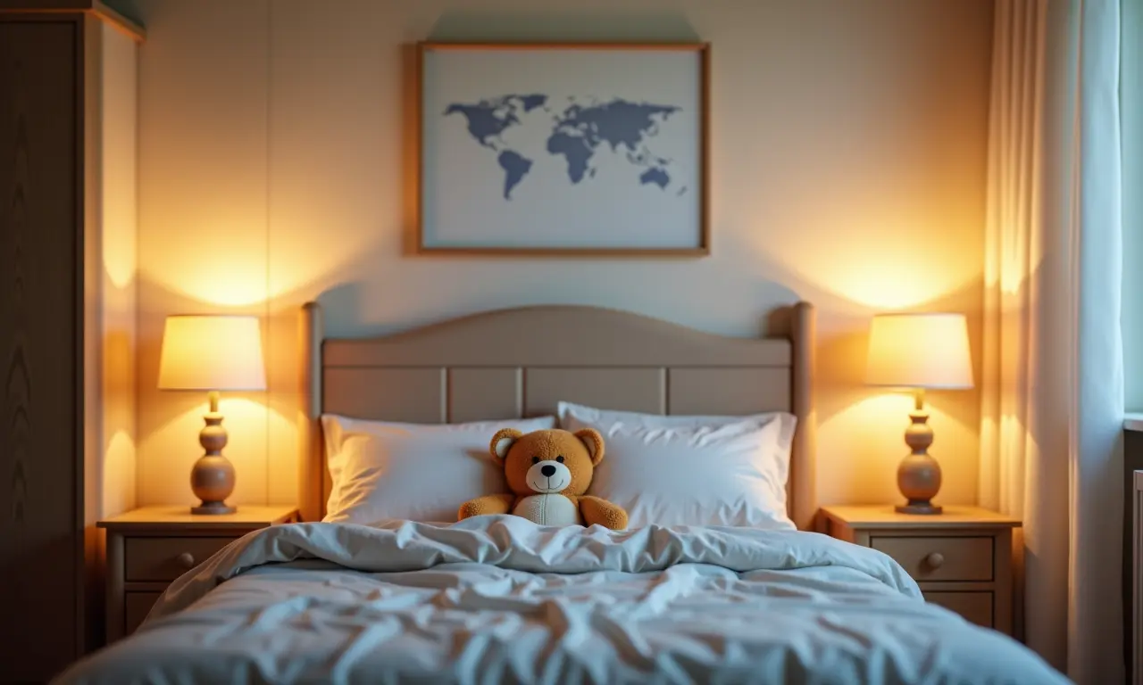 Iluminação aconchegante com luminárias e abajures no quarto do bebê.