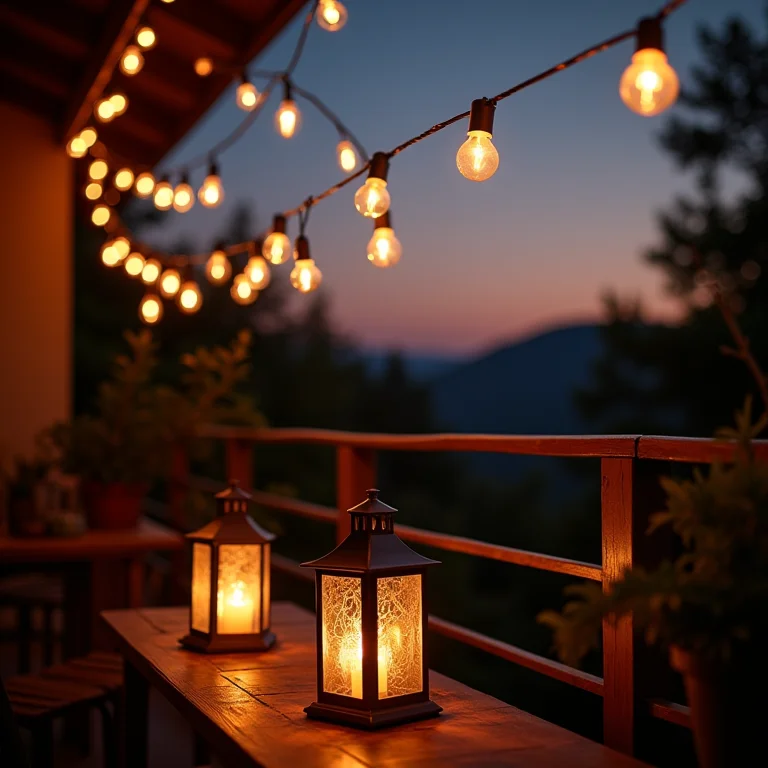 Iluminação aconchegante em uma sacada com luzes e lanternas