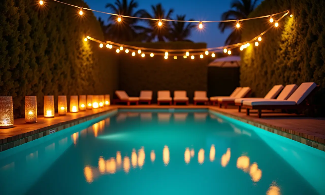 Iluminação ambiente charmosa para área de piscina.