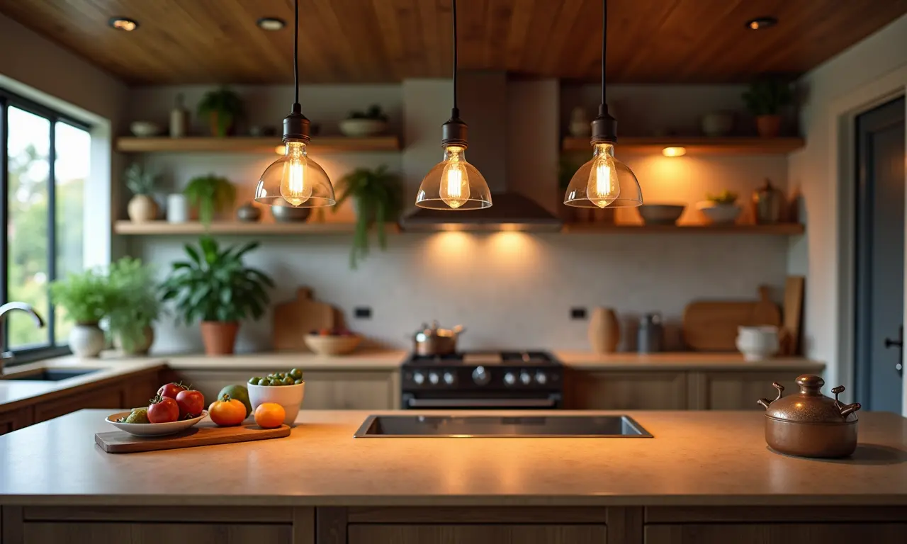 Iluminação elegante e funcional sobre a ilha da cozinha.