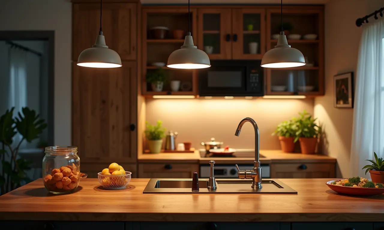 Iluminação estratégica em cozinha pequena, com pendentes e ambiente acolhedor.