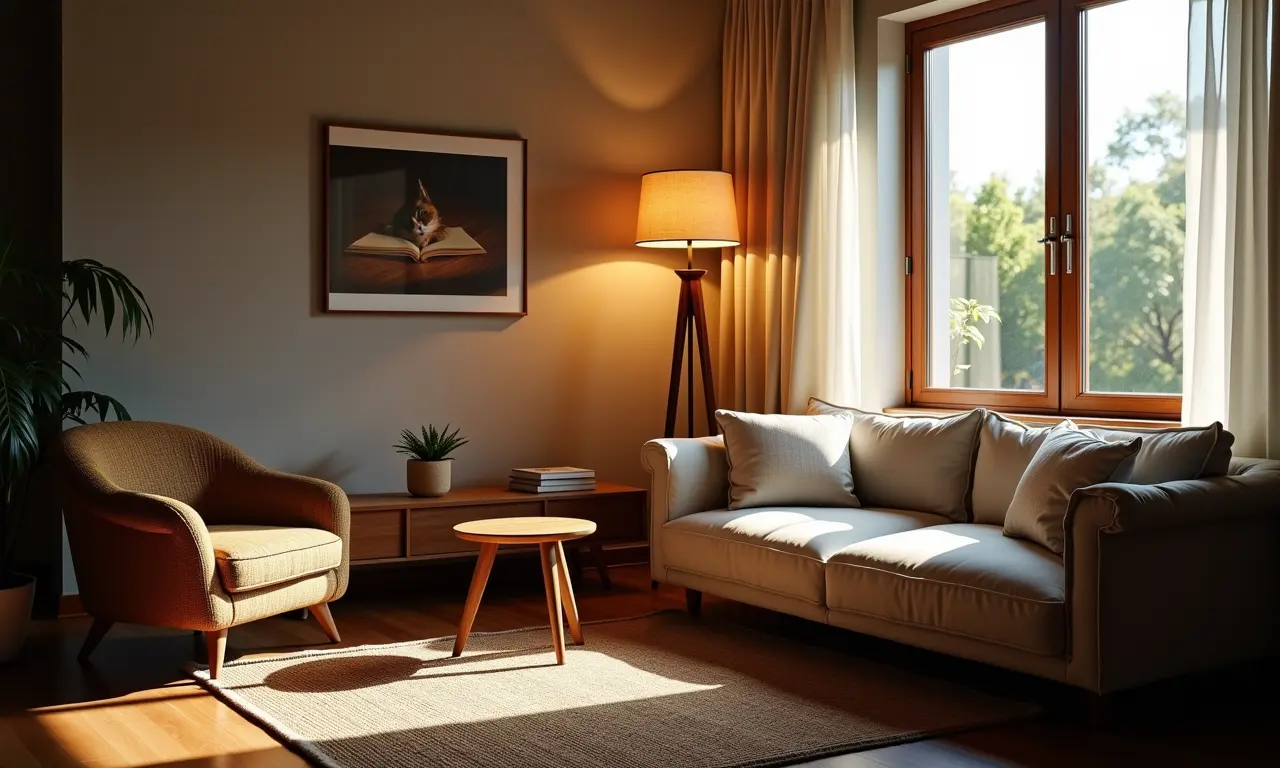 Iluminação estratégica em sala de estar com luminária e luz natural.