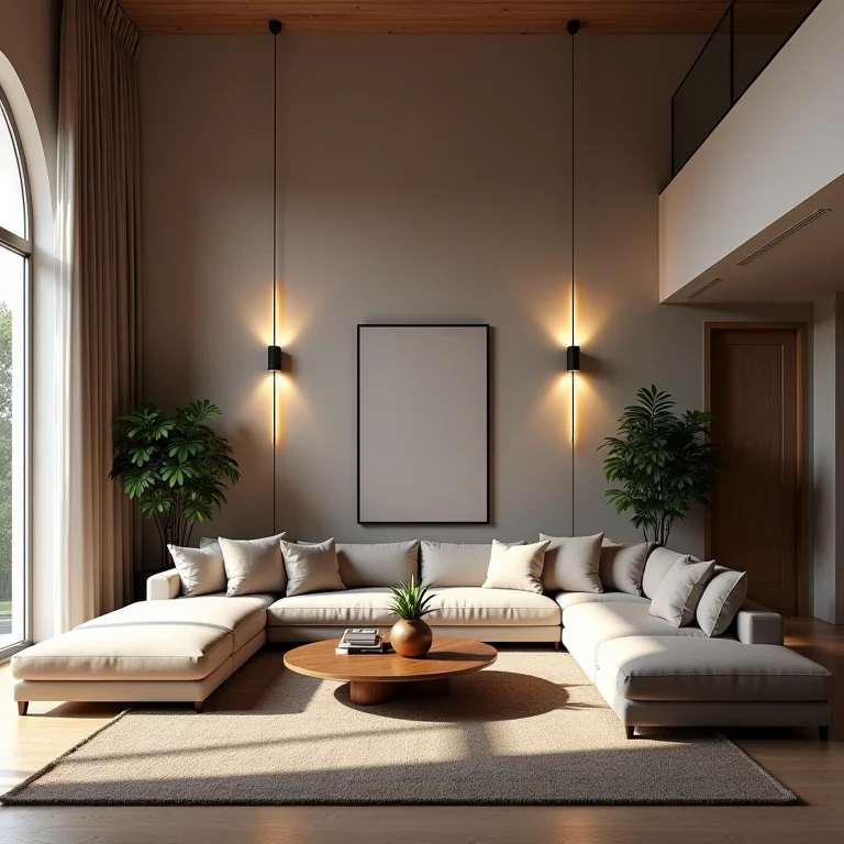 Iluminação estratégica em sala de estar com pé direito duplo