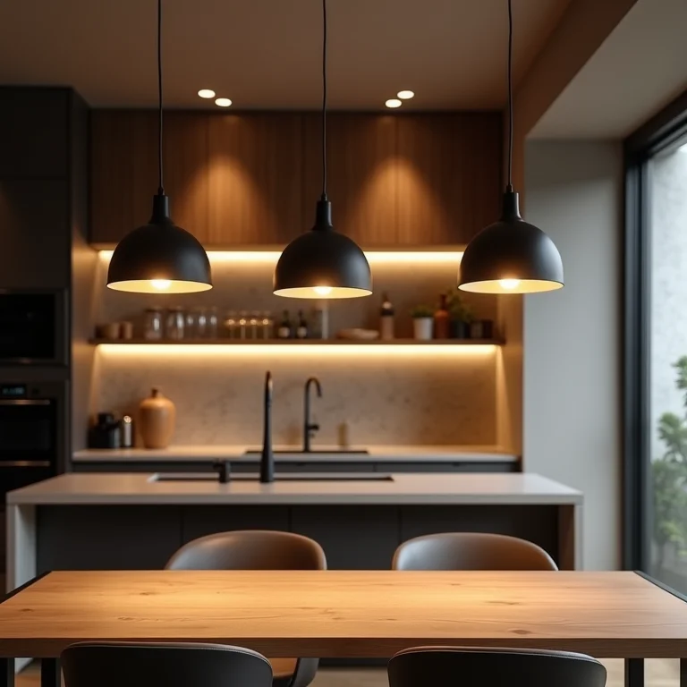 Iluminação estratégica em sala de jantar e cozinha integradas