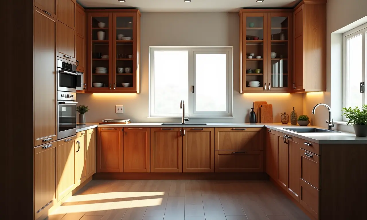 Iluminação estratégica valorizando armários de madeira na cozinha.