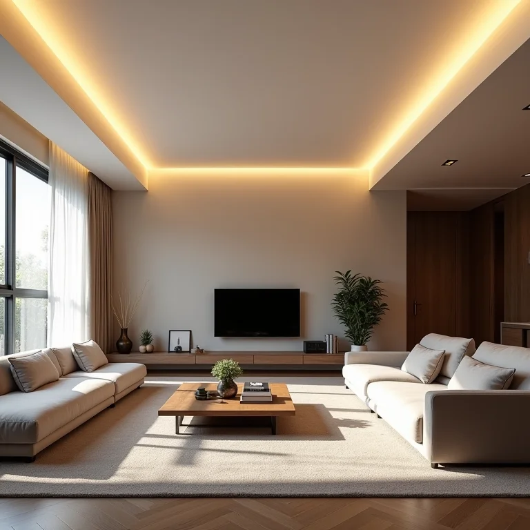 Iluminação indireta com fita de LED no teto.