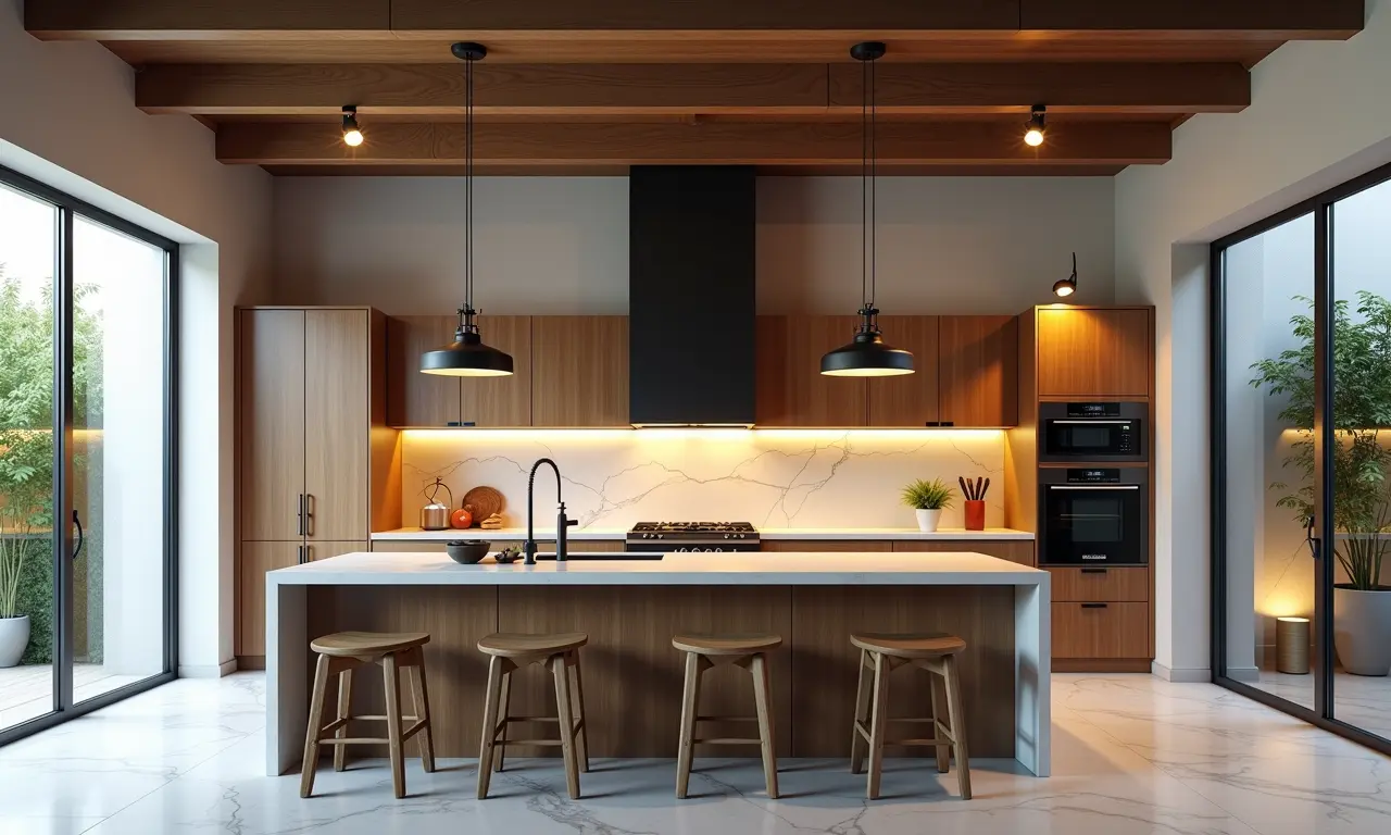 Iluminação natural e pendentes modernos em cozinha integrada.