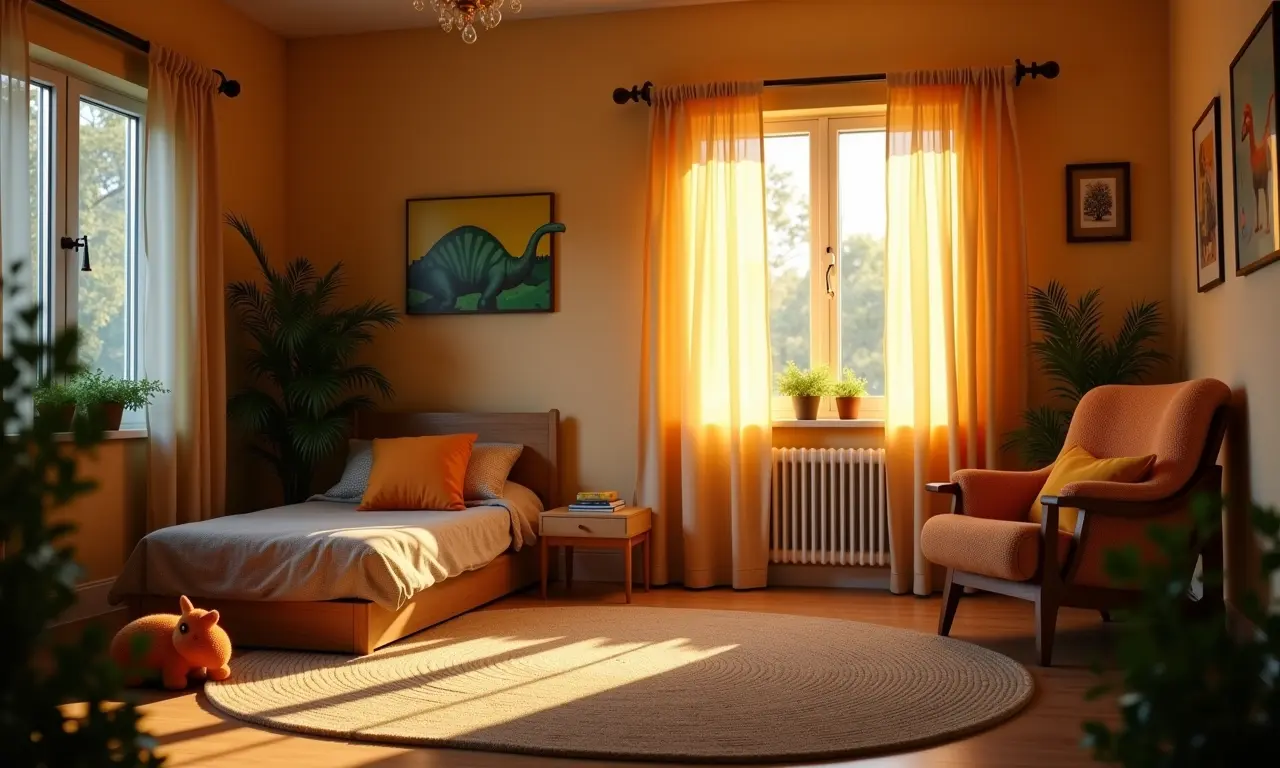 Iluminação suave e aconchegante em quarto com tema de dinossauro.