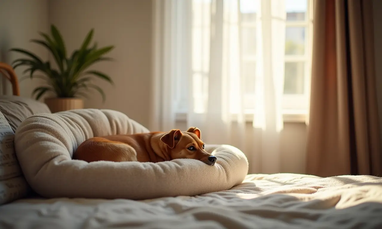 Iluminação suave e indireta em quarto aconchegante com cama para pet.