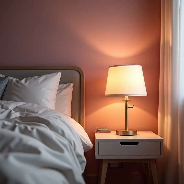 Iluminação suave em quarto cinza e rosa.