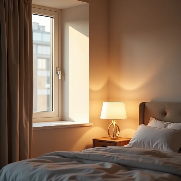 Iluminação suave em um quarto cinza e rosa.