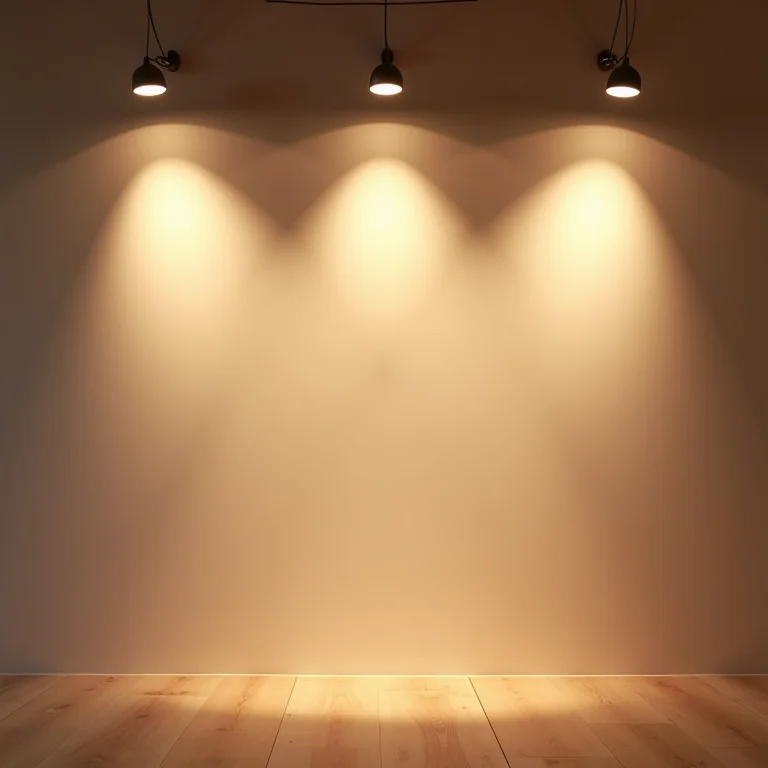 Iluminação valorizando quadros em uma parede decorada.