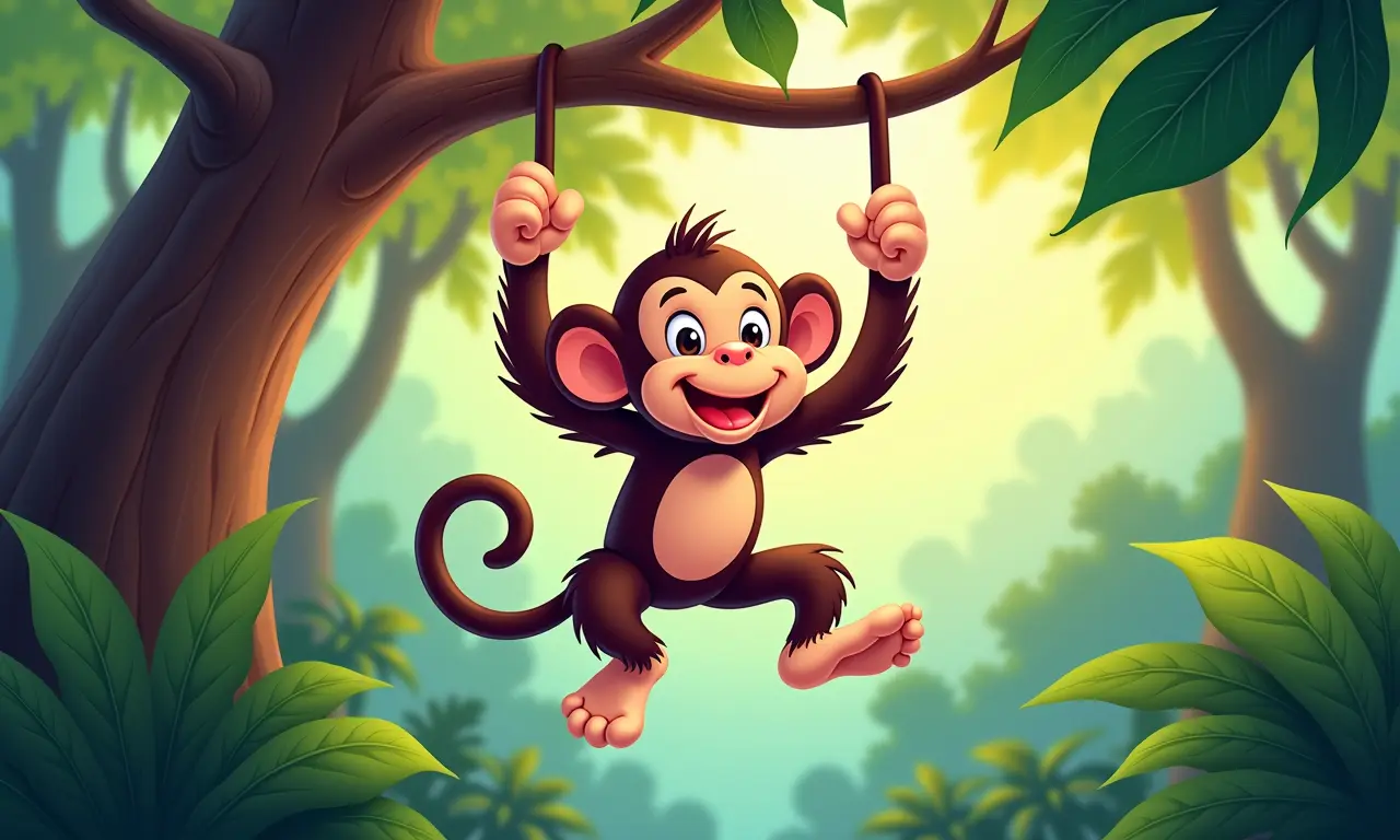 Ilustração brincalhona do Macaco balançando em uma árvore.