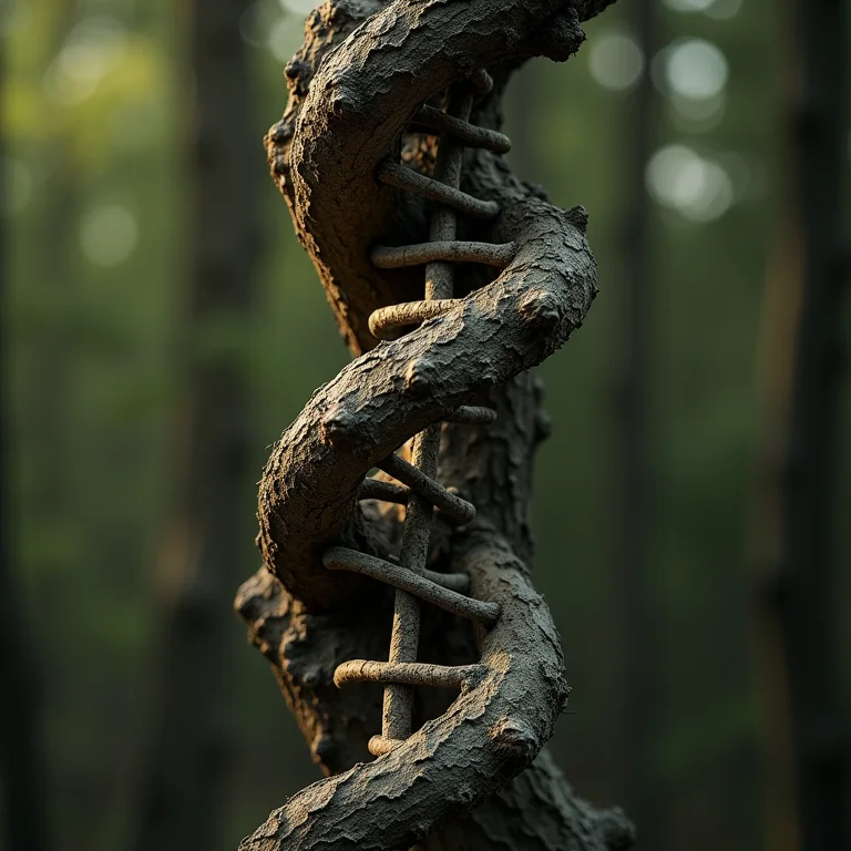 Ilustração de DNA e tronco de árvore representando genética e envelhecimento