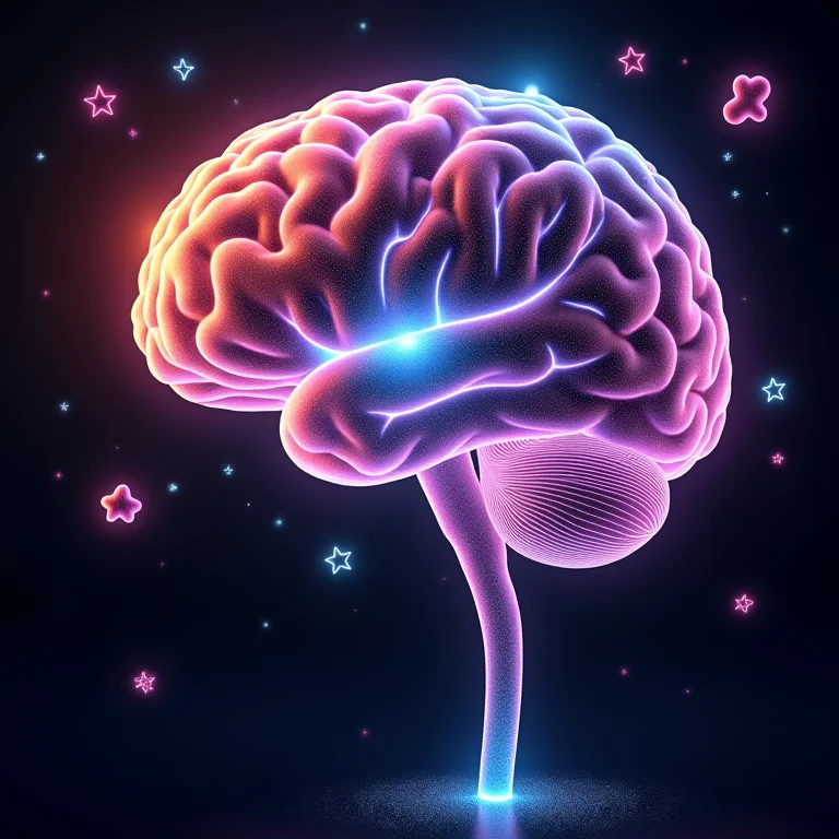 Ilustração do cérebro com moléculas de dopamina, representando o efeito da moda no humor.