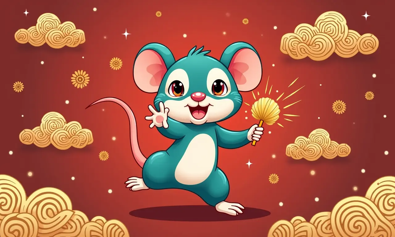 Ilustração energética do Rato com padrões chineses tradicionais.