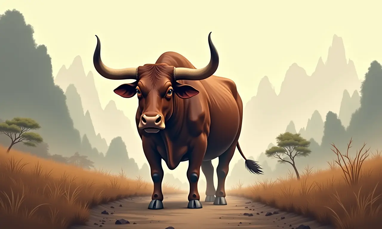 Ilustração forte do Boi em uma paisagem rural chinesa.