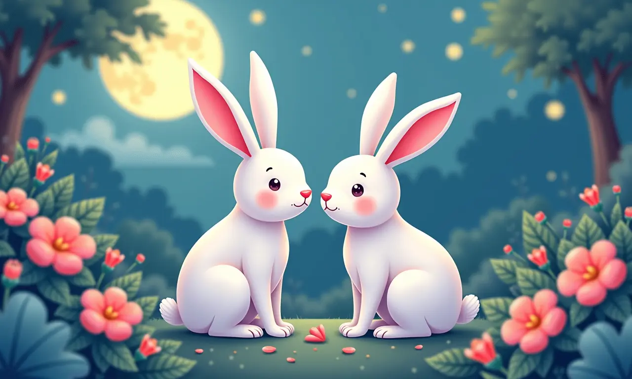 Ilustração gentil do Coelho com um jardim iluminado pela lua.