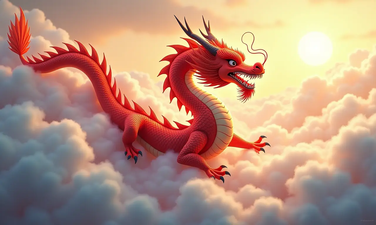 Ilustração majestosa do Dragão voando pelas nuvens.