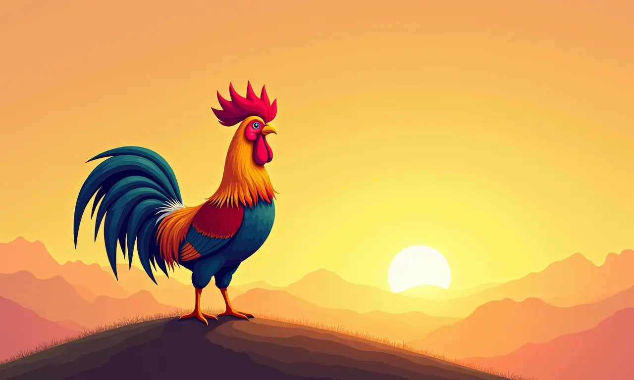 Ilustração orgulhosa do Galo em pé no topo de uma colina.