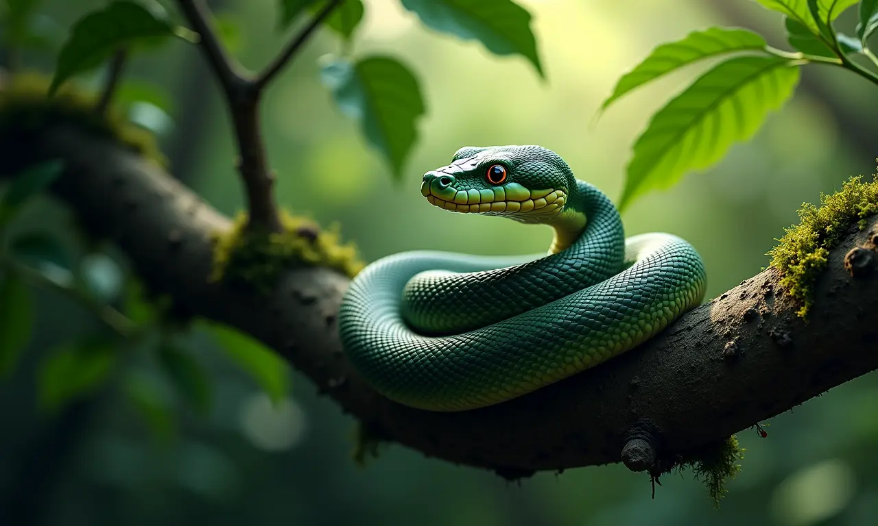 Ilustração serena da Serpente enrolada em um galho de árvore.