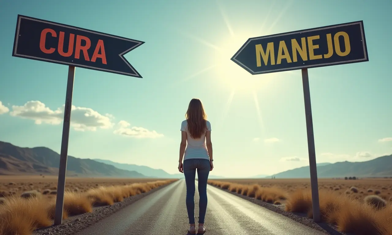 Imagem conceitual mostrando uma encruzilhada com placas 'Cura' e 'Manejo'.