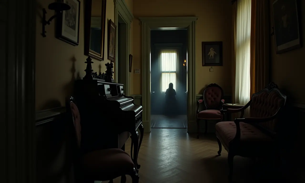 Interior da mansão com móveis antigos e corredor mal iluminado, sugerindo uma visita misteriosa.