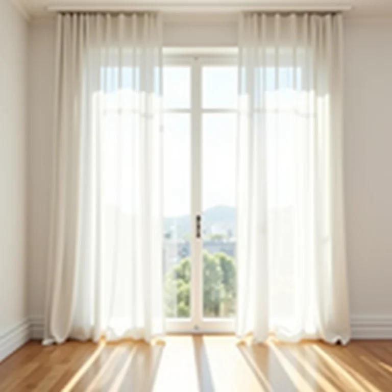 Interior de apartamento com luz natural abundante e cortinas translúcidas.
