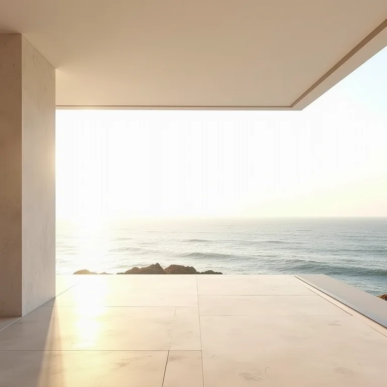 Interior de casa de praia minimalista com vista para o mar