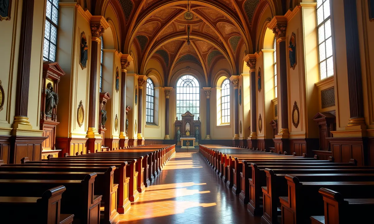 Interior de igreja barroca em Ouro Preto, com detalhes em ouro e esculturas.