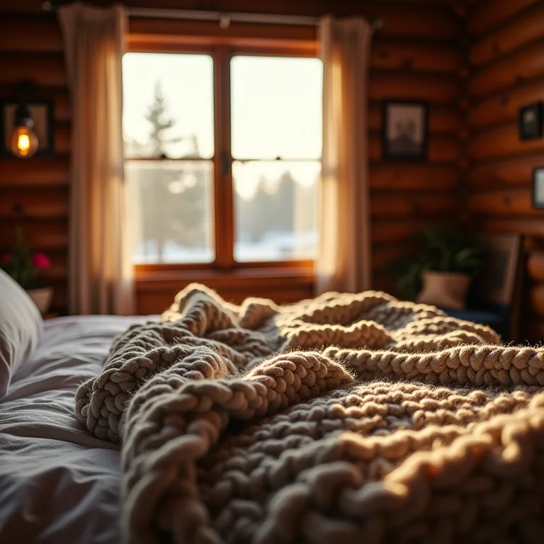 Interior de uma cabana aconchegante com uma cama convidativa e iluminação natural.