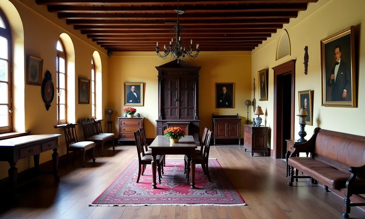 Interior do Museu da Família Colonial, com móveis antigos, artefatos históricos e fotos vintage.