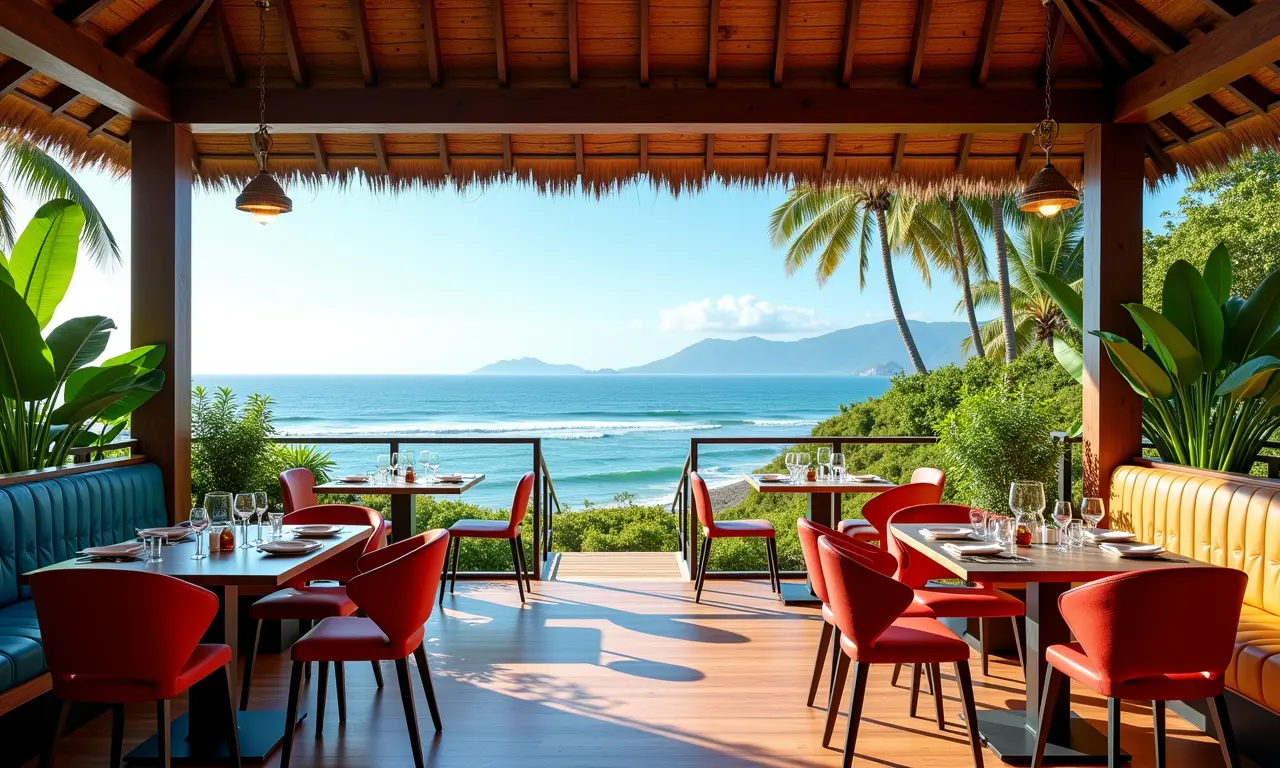 Interior elegante de restaurante beira mar em Fortaleza com design brasileiro.