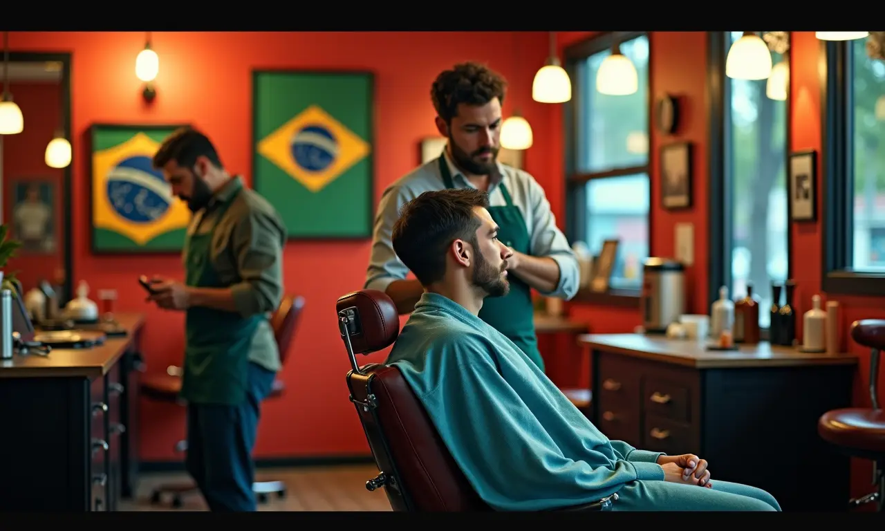 Interior vibrante de barbearia com barbeiro e cliente.