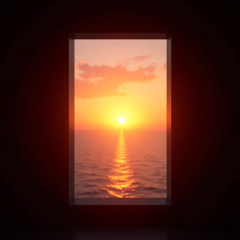Janela emoldurando um pôr do sol sobre o oceano