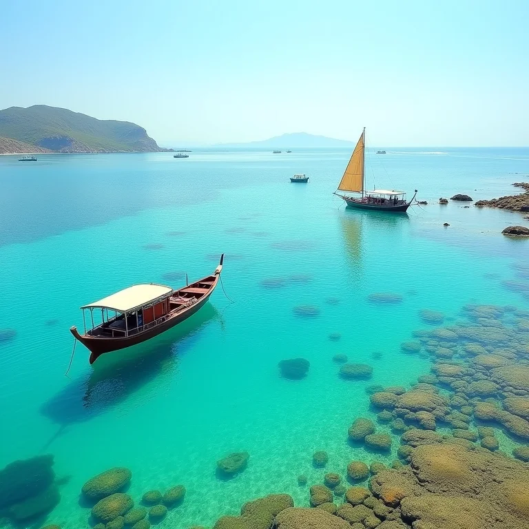 Jangadas navegando nas piscinas naturais da Praia de Pajuçara, Maceió.