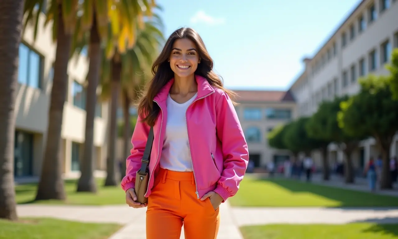 Jaqueta rosa e calças laranja em um campus universitário em um dia ensolarado.