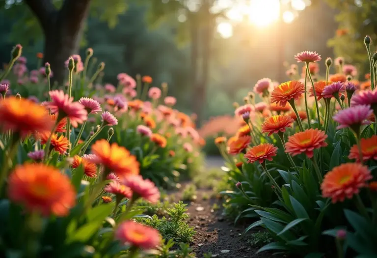 Jardim exuberante com flores raras e exóticas.