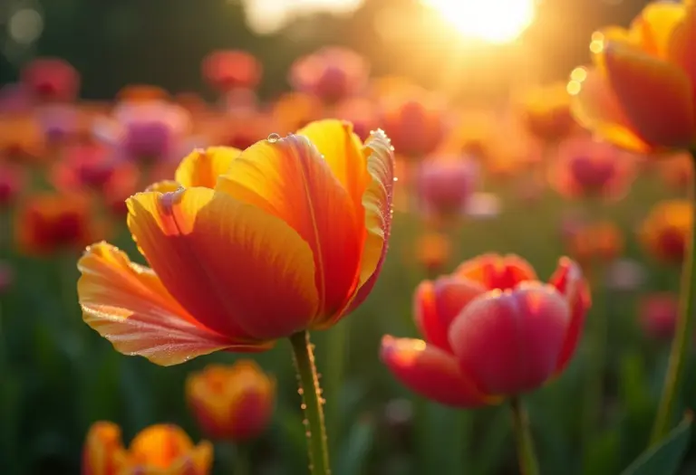 Jardim exuberante com orvalho da manhã