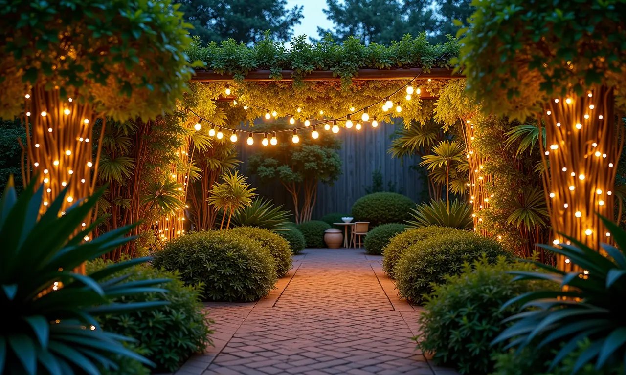 Jardim iluminado com pisca-pisca.