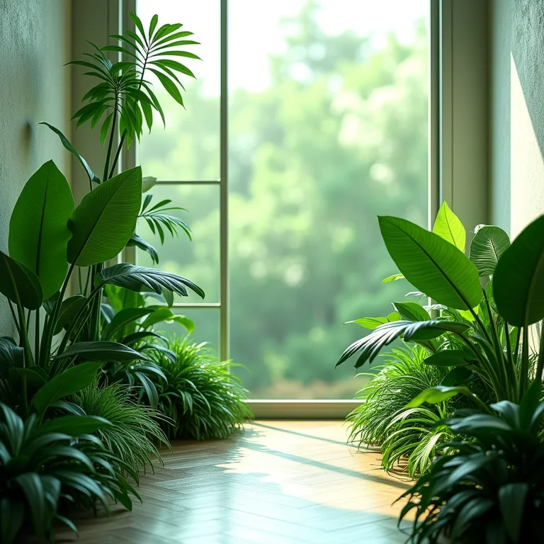 Jardim interno exuberante com plantas verde esmeralda