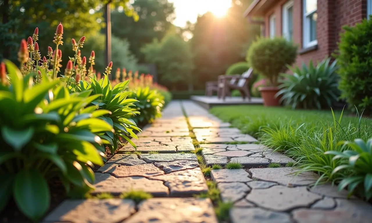 Jardim sustentável com piso drenante e plantas nativas.