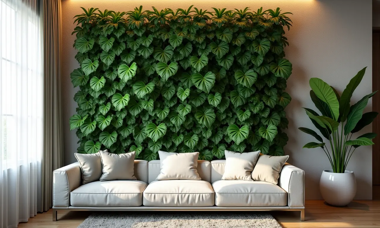 Jardim vertical exuberante em sala de estar moderna.