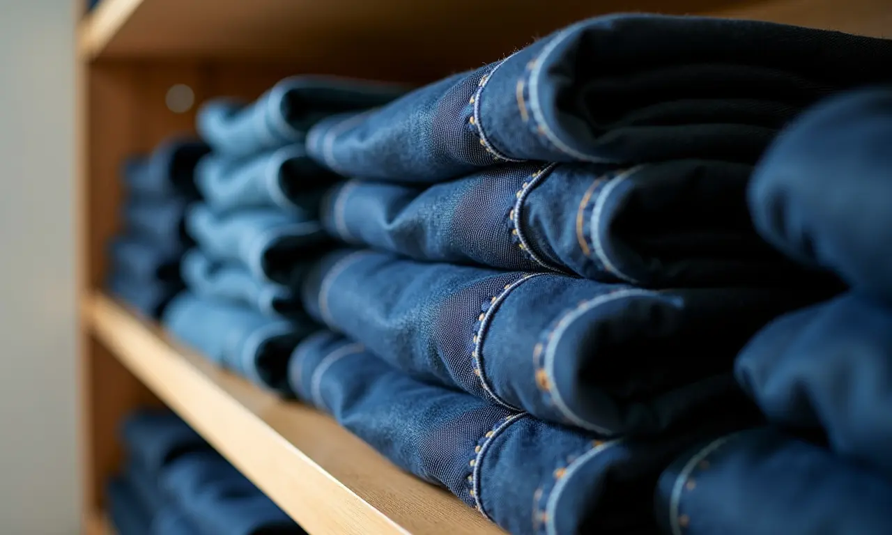 Jeans de lavagem escura dobrados em prateleira de closet organizado.