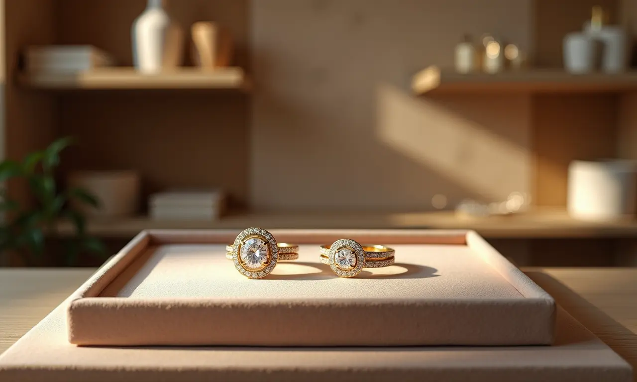 Joias minimalistas expostas em bandeja de veludo em joalheria brasileira.