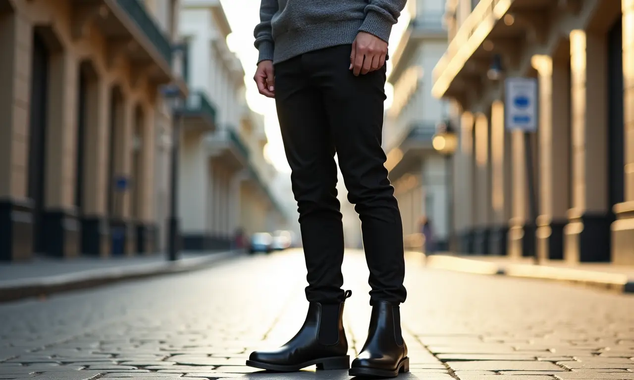 Jovem moderno com calça chino escura e bota Chelsea preta em cenário urbano.