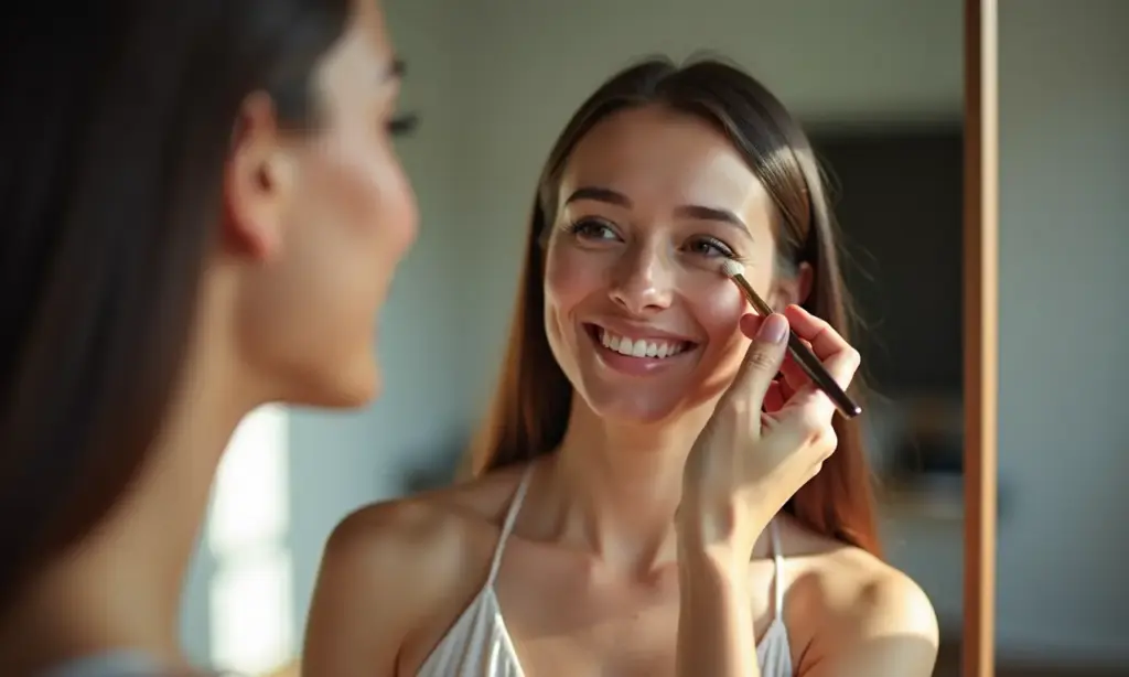 Jovem mulher sorrindo se maquiando para a formatura, com luz natural e vestido elegante.
