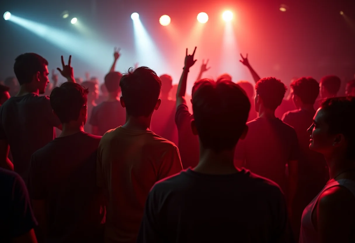 Jovens diversos curtindo show de trap com energia e estilo.