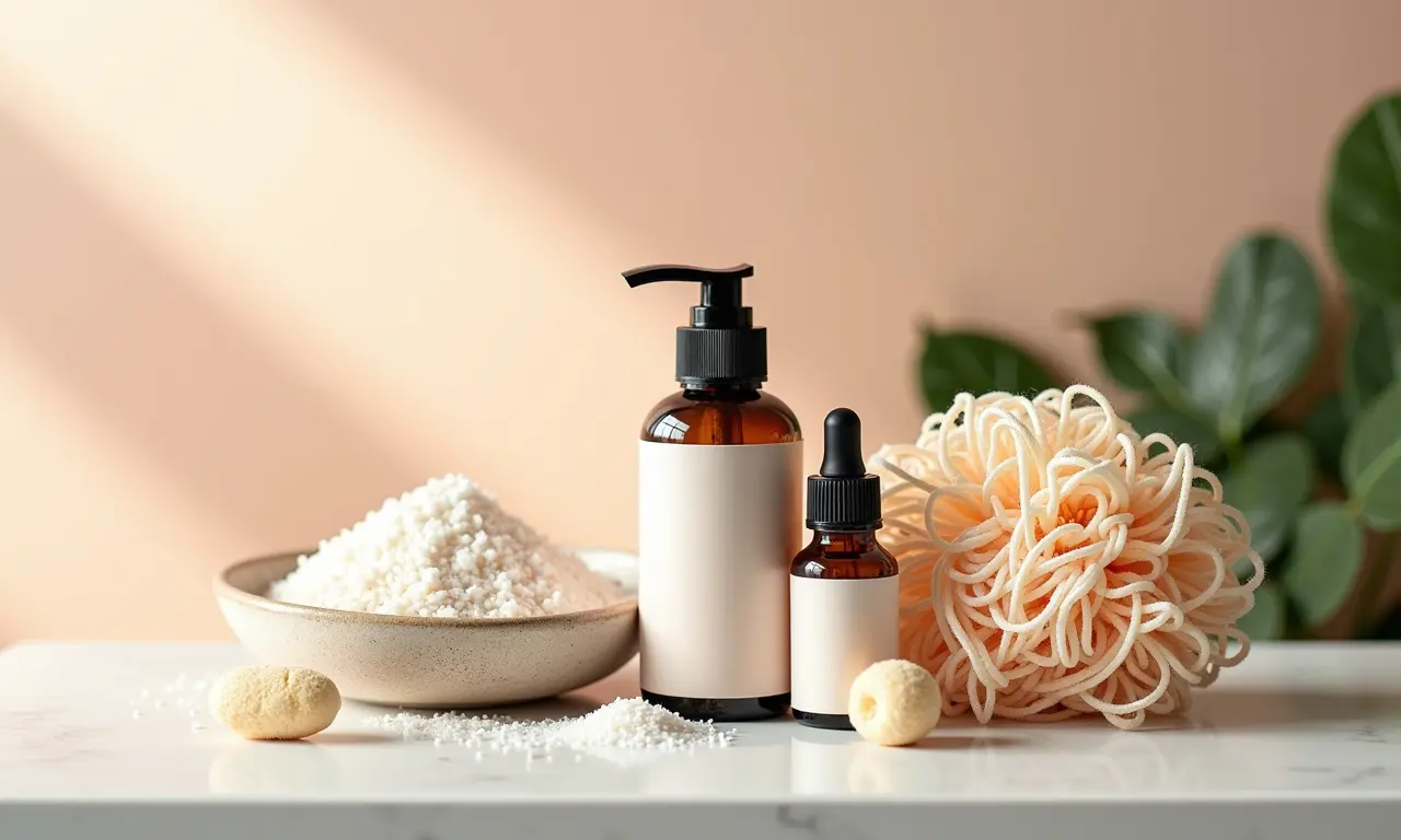 Kit de spa caseiro com sais de banho e óleos essenciais.